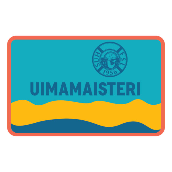 Tummansinisellä uimamaisteri tekstillä varustettu kortti, jossa SUH:n logo turkoosilla pohjalla. Kortin alareunassa tummansininen ja keltainen aaltokuvio.